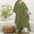Green Tiger Stripe Camo Pattern Print Silk V-Neck Kaftan Dress