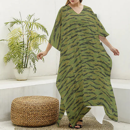 Green Tiger Stripe Camo Pattern Print Silk V-Neck Kaftan Dress