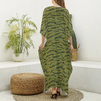 Green Tiger Stripe Camo Pattern Print Silk V-Neck Kaftan Dress