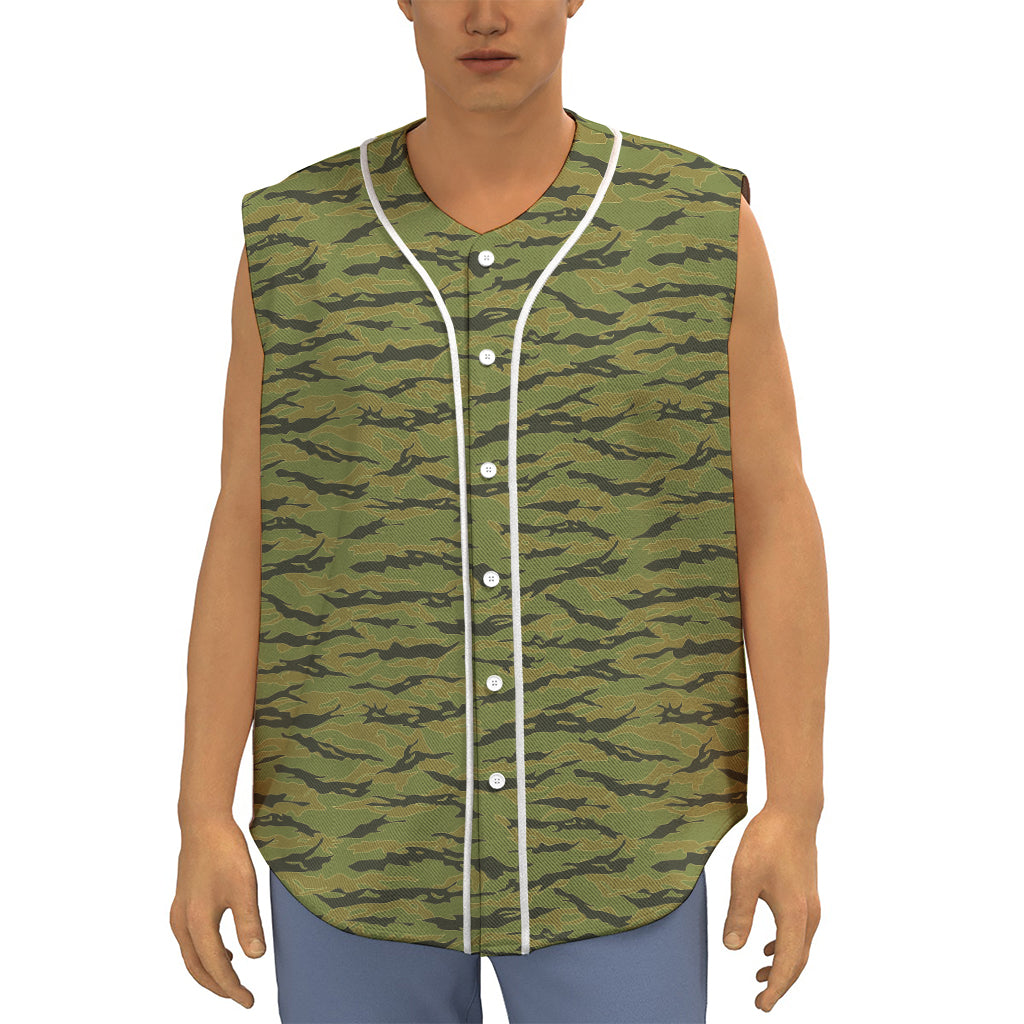 Green Tiger Stripe Camo Pattern Print Sleeveless Baseball Jersey