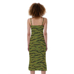 Green Tiger Stripe Camo Pattern Print Slim Fit Midi Cami Dress