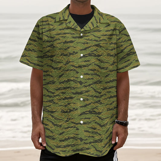 Green Tiger Stripe Camo Pattern Print Textured Short Sleeve Shirt