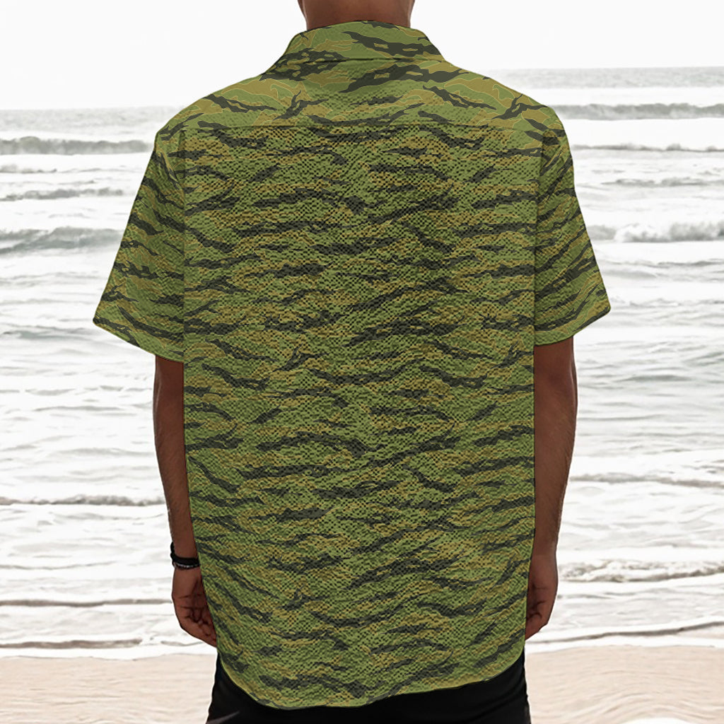 Green Tiger Stripe Camo Pattern Print Textured Short Sleeve Shirt