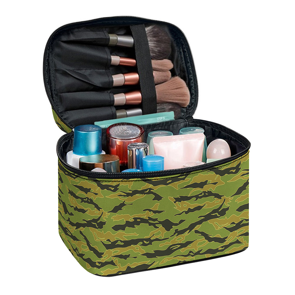 Green Tiger Stripe Camo Pattern Print Travel Makeup Bag