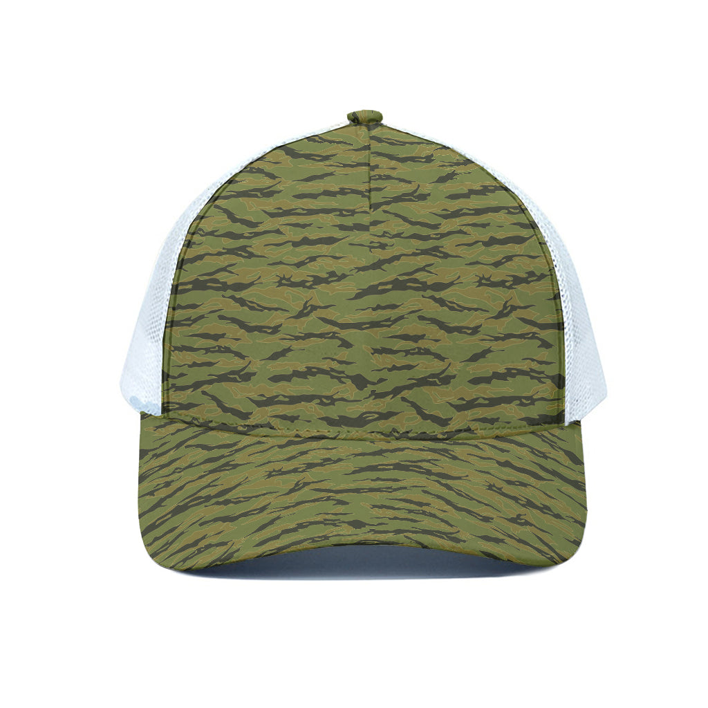 Green Tiger Stripe Camo Pattern Print White Mesh Trucker Cap
