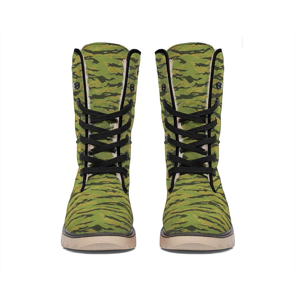 Green Tiger Stripe Camo Pattern Print Winter Boots