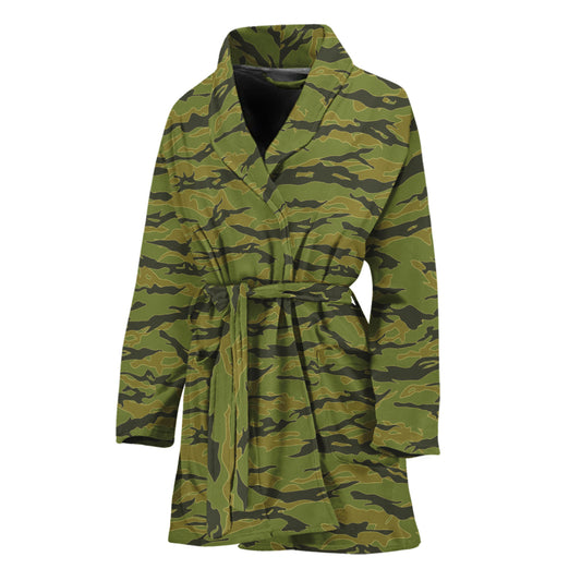 Green Tiger Stripe Camo Pattern Print Women's Bathrobe