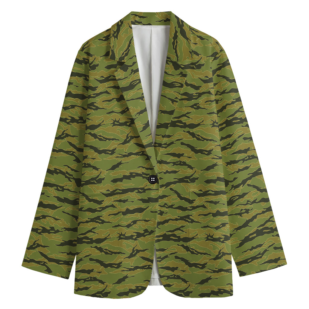 Green Tiger Stripe Camo Pattern Print Women's Blazer