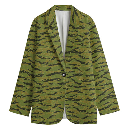 Green Tiger Stripe Camo Pattern Print Women's Cotton Blazer