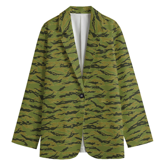 Green Tiger Stripe Camo Pattern Print Women's Cotton Blazer