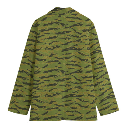 Green Tiger Stripe Camo Pattern Print Women's Cotton Blazer