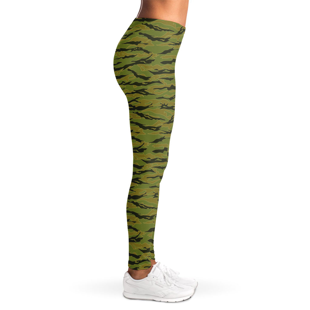 Green Tiger Stripe Camo Pattern Print Women's Leggings