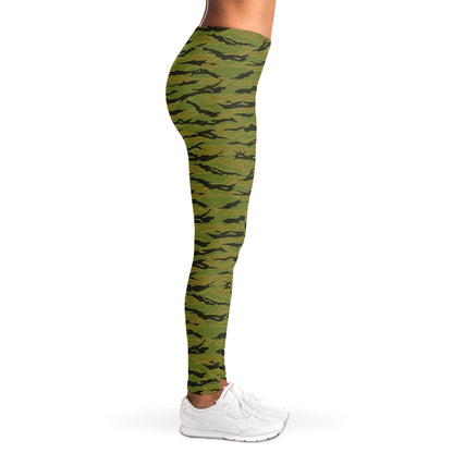 Green Tiger Stripe Camo Pattern Print Women's Leggings