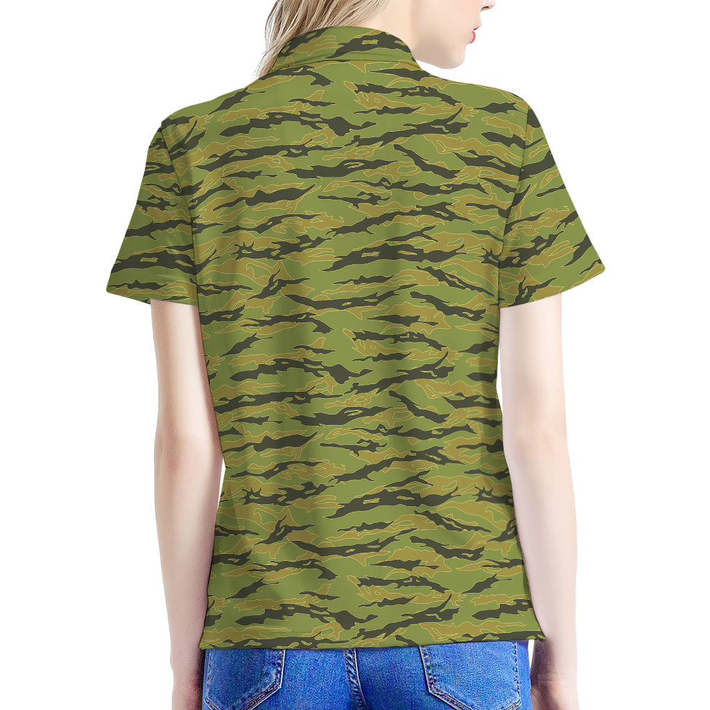 Green Tiger Stripe Camo Pattern Print Women's Polo Shirt