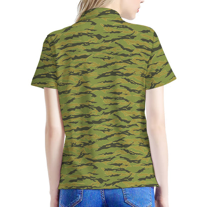 Green Tiger Stripe Camo Pattern Print Women's Polo Shirt