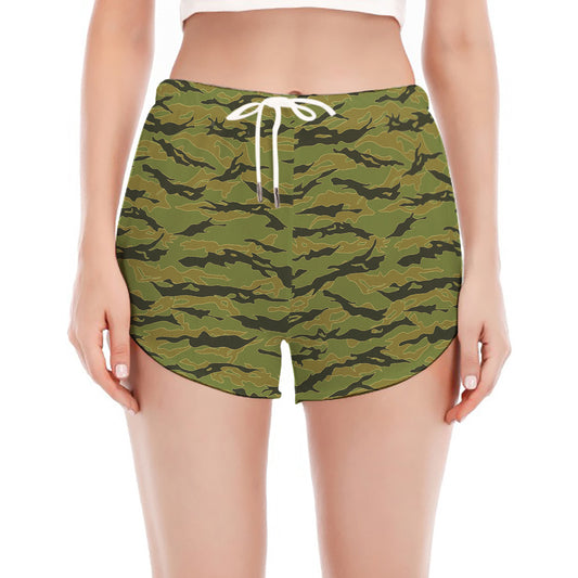 Green Tiger Stripe Camo Pattern Print Women's Split Running Shorts