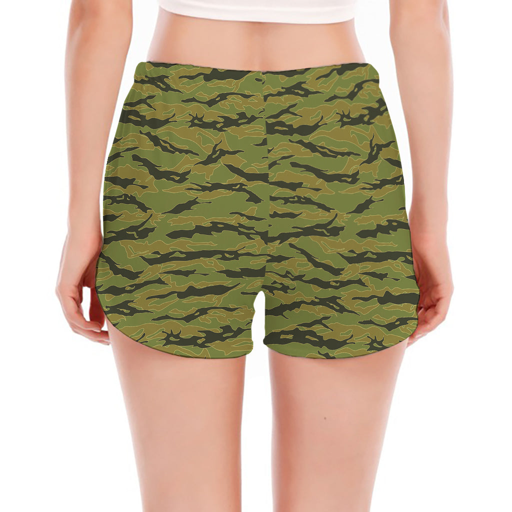 Green Tiger Stripe Camo Pattern Print Women's Split Running Shorts