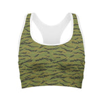 Green Tiger Stripe Camo Pattern Print Women's Sports Bra