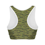 Green Tiger Stripe Camo Pattern Print Women's Sports Bra