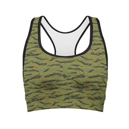 Green Tiger Stripe Camo Pattern Print Women's Sports Bra