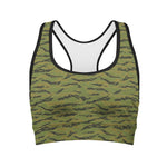 Green Tiger Stripe Camo Pattern Print Women's Sports Bra