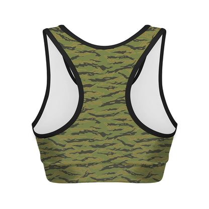 Green Tiger Stripe Camo Pattern Print Women's Sports Bra