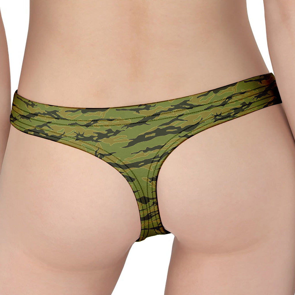 Green Tiger Stripe Camo Pattern Print Women's Thong