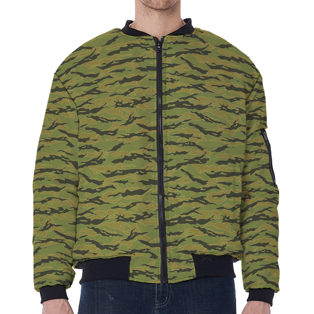 Green Tiger Stripe Camo Pattern Print Zip Sleeve Bomber Jacket