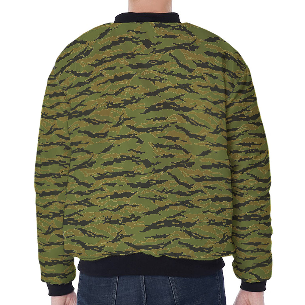 Green Tiger Stripe Camo Pattern Print Zip Sleeve Bomber Jacket