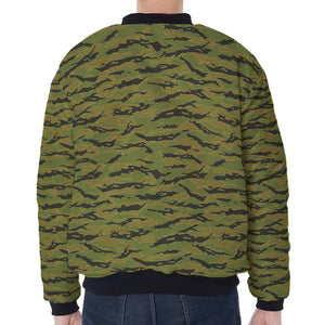 Green Tiger Stripe Camo Pattern Print Zip Sleeve Bomber Jacket