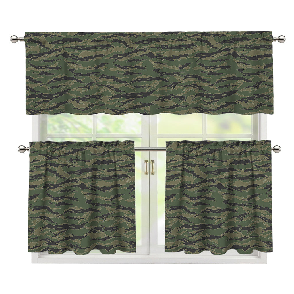Green Tiger Stripe Camouflage Print 3 Piece Kitchen Curtains