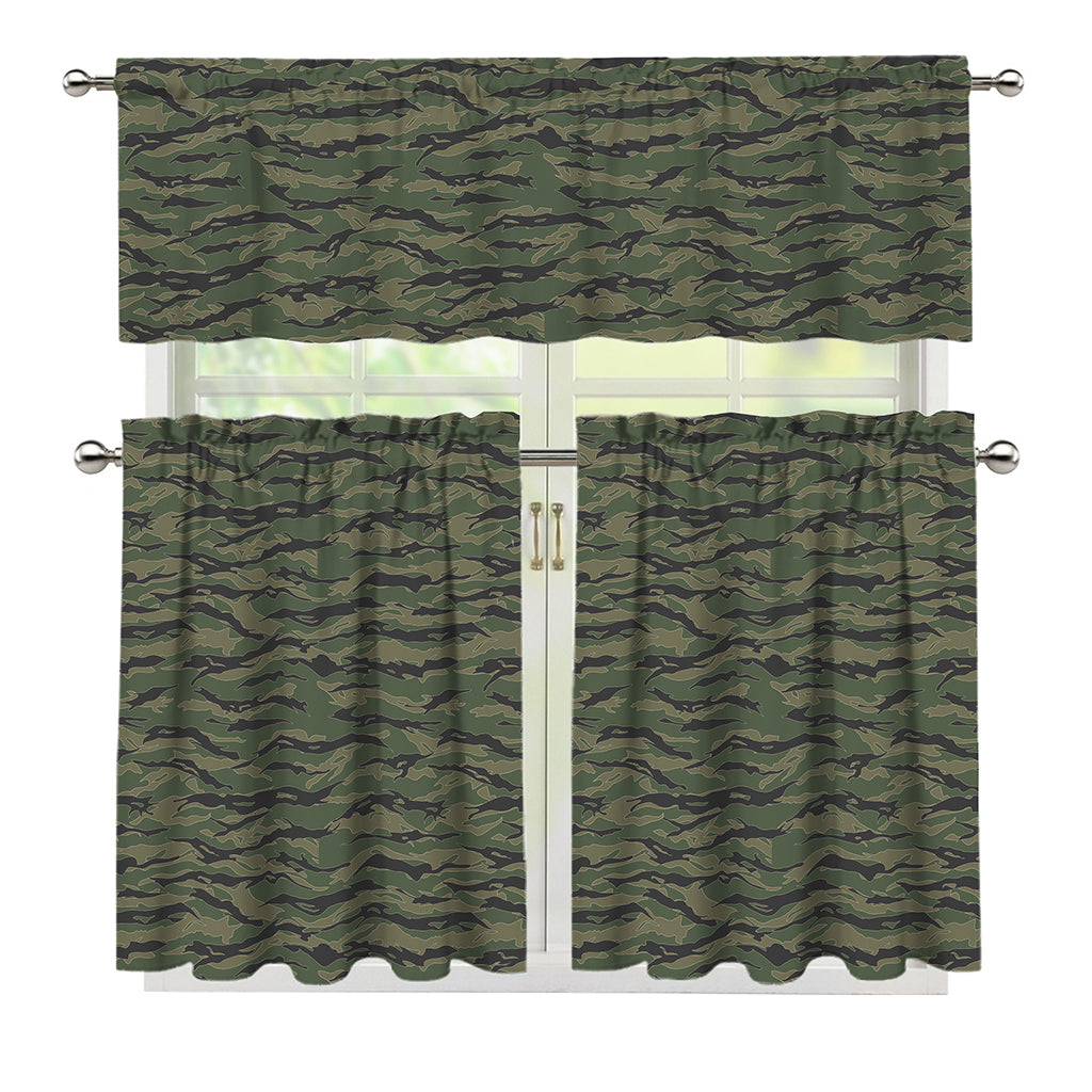 Green Tiger Stripe Camouflage Print 3 Piece Kitchen Curtains