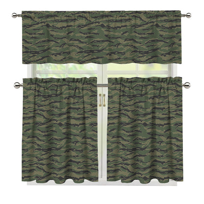 Green Tiger Stripe Camouflage Print 3 Piece Kitchen Curtains