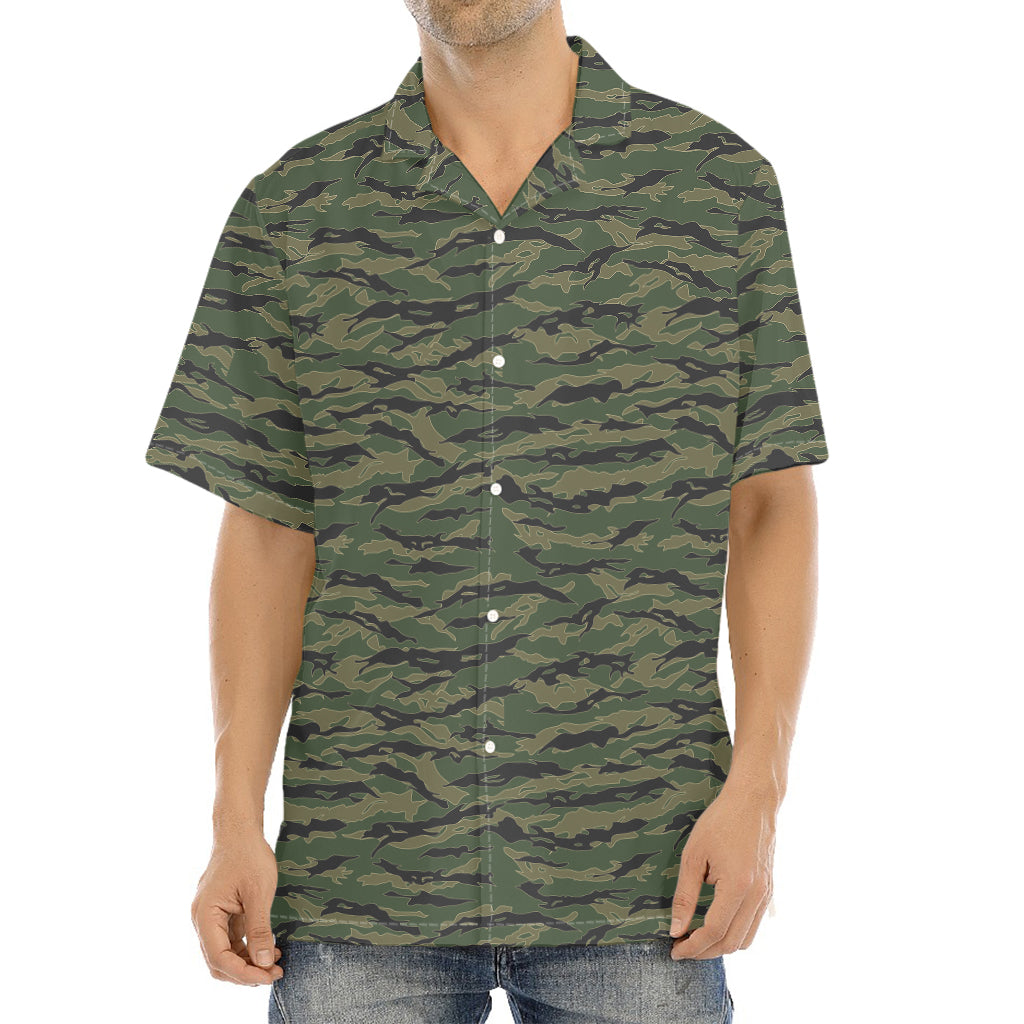 Green Tiger Stripe Camouflage Print Aloha Shirt