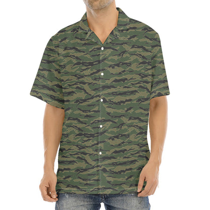 Green Tiger Stripe Camouflage Print Aloha Shirt
