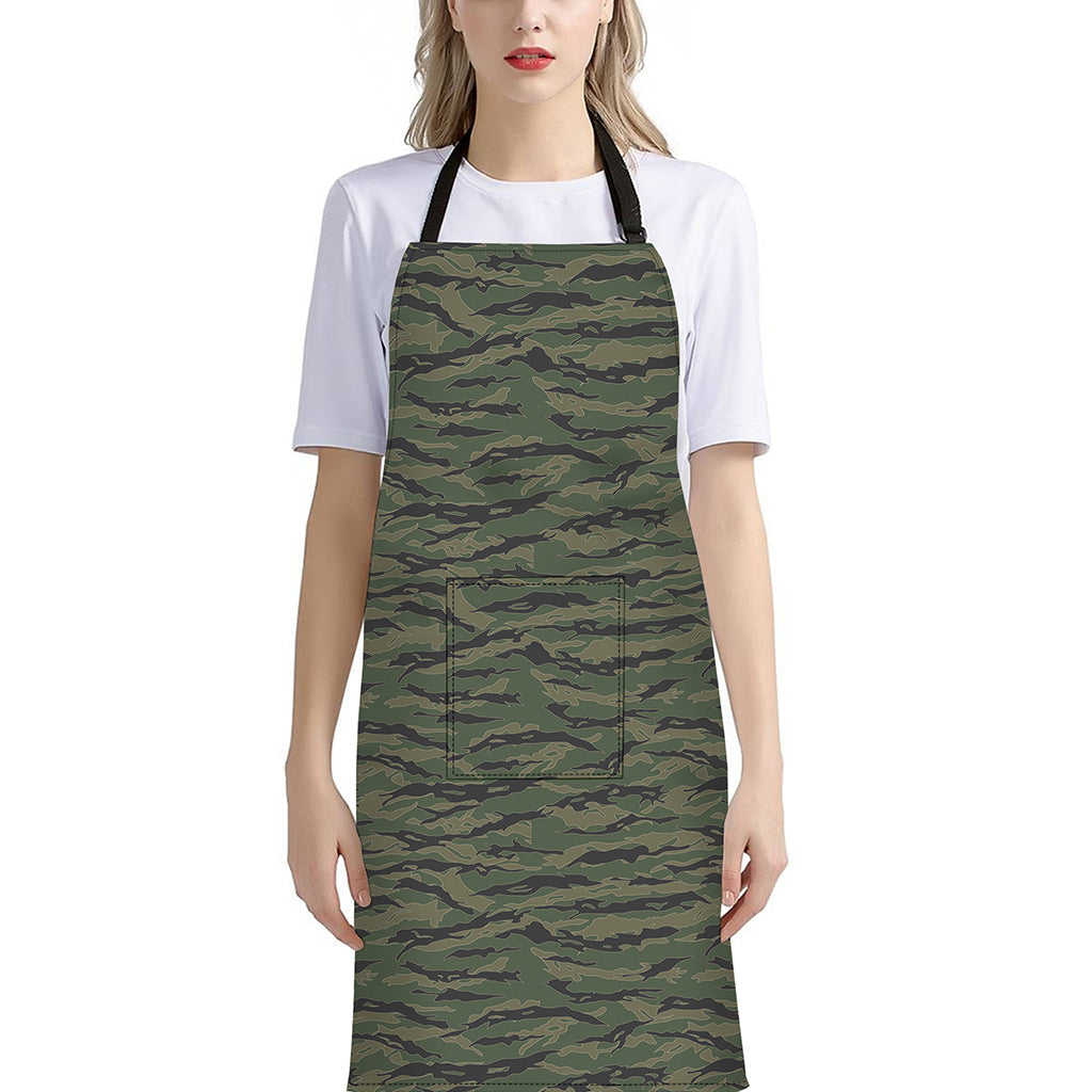 Green Tiger Stripe Camouflage Print Bib Apron With Pocket