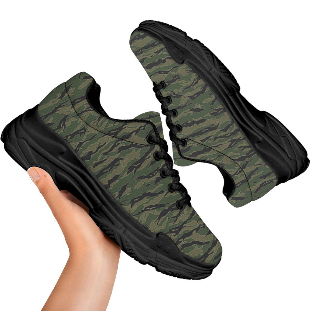 Green Tiger Stripe Camouflage Print Black Chunky Shoes
