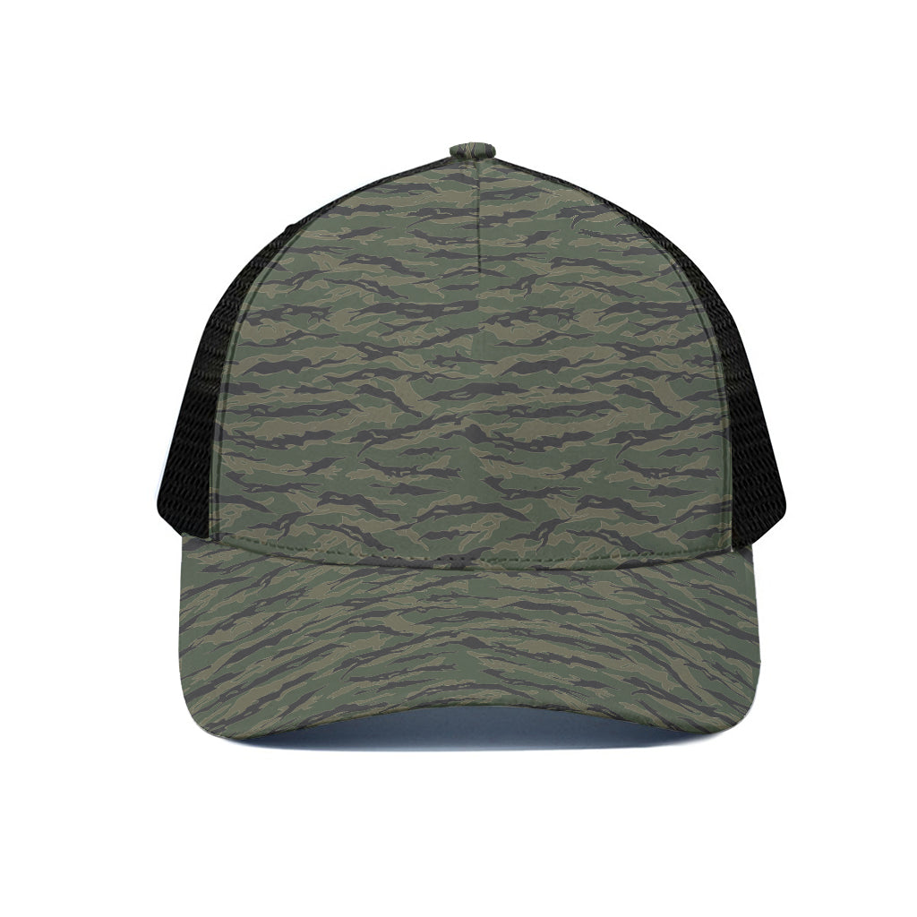 Green Tiger Stripe Camouflage Print Black Mesh Trucker Cap