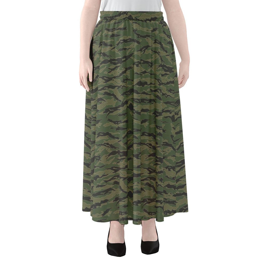 Green Tiger Stripe Camouflage Print Chiffon Maxi Skirt