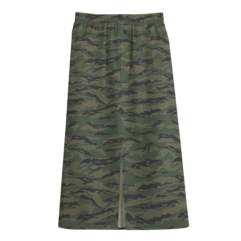 Green Tiger Stripe Camouflage Print Cotton Front Slit Maxi Skirt