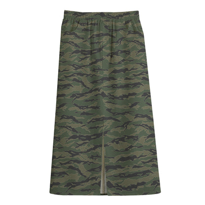 Green Tiger Stripe Camouflage Print Cotton Front Slit Maxi Skirt