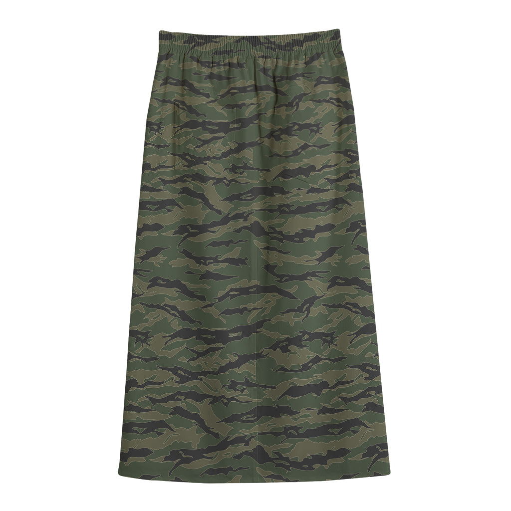 Green Tiger Stripe Camouflage Print Cotton Front Slit Maxi Skirt