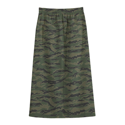 Green Tiger Stripe Camouflage Print Cotton Front Slit Maxi Skirt