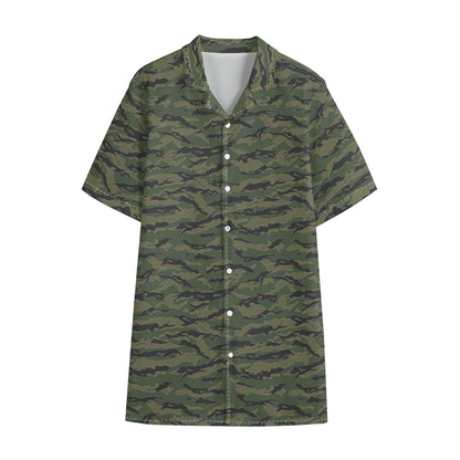 Green Tiger Stripe Camouflage Print Cotton Hawaiian Shirt