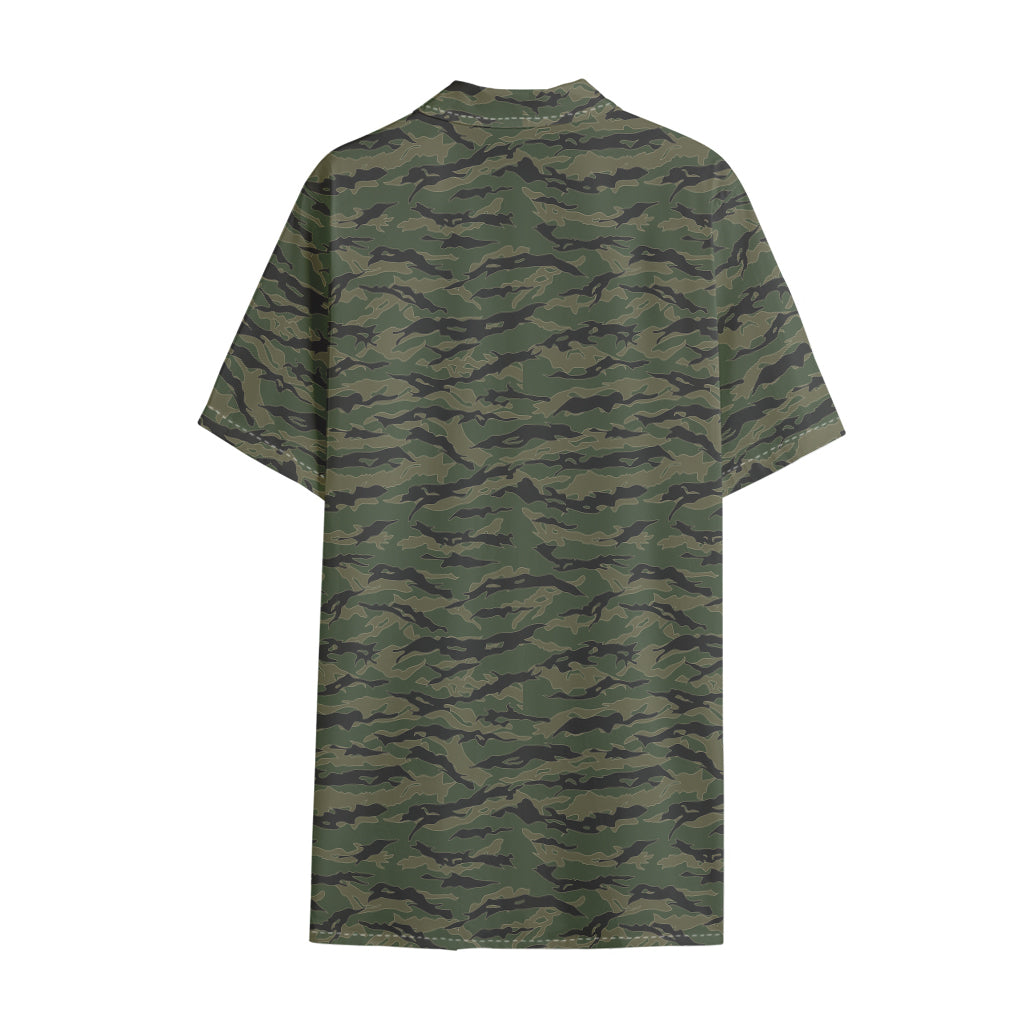 Green Tiger Stripe Camouflage Print Cotton Hawaiian Shirt