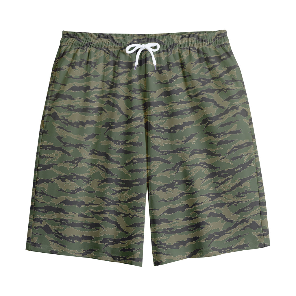 Green Tiger Stripe Camouflage Print Cotton Shorts