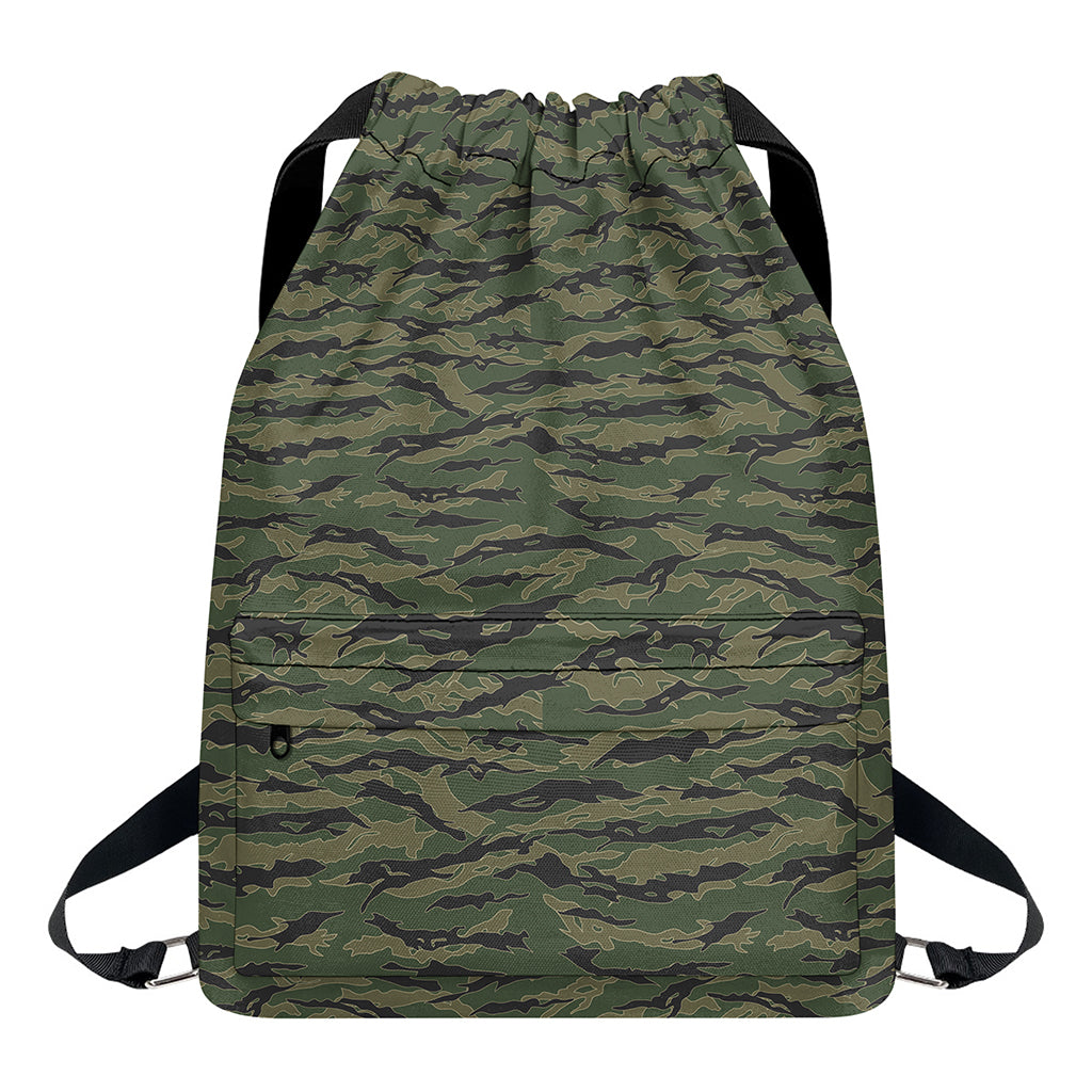 Green Tiger Stripe Camouflage Print Drawstring Backpack