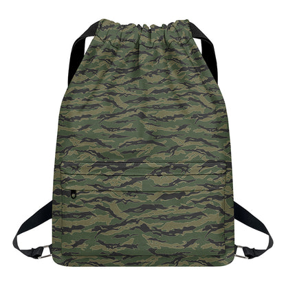 Green Tiger Stripe Camouflage Print Drawstring Backpack