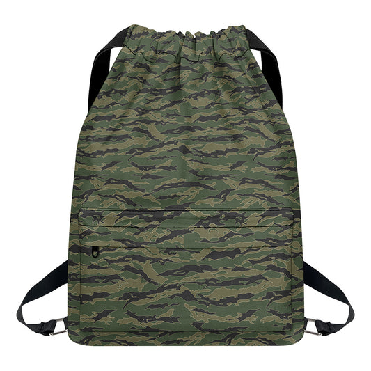 Green Tiger Stripe Camouflage Print Drawstring Backpack
