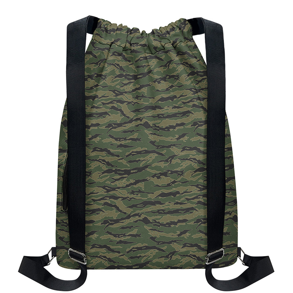 Green Tiger Stripe Camouflage Print Drawstring Backpack